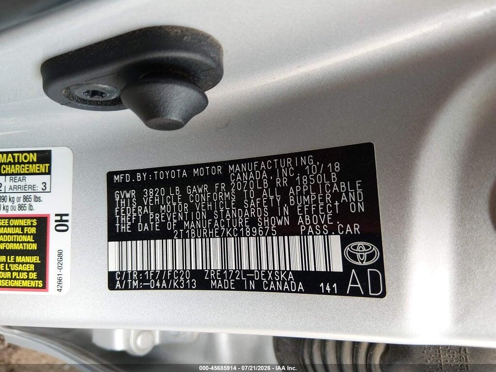 2T1BURHE7KC189675 2019 TOYOTA COROLLA photo no. 9