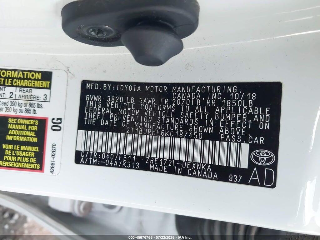 2T1BURHE6KC187450 2019 TOYOTA COROLLA photo no. 9