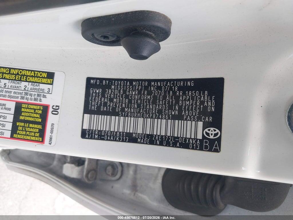 5YFBURHE0KP874861 2019 TOYOTA COROLLA photo no. 9