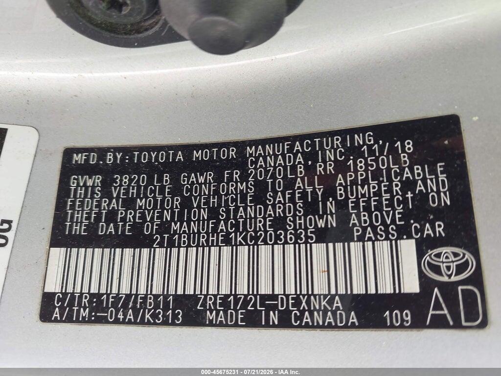 2T1BURHE1KC203635 2019 TOYOTA COROLLA photo no. 9