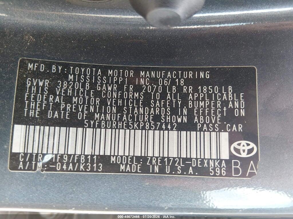 5YFBURHE5KP857442 2019 TOYOTA COROLLA photo no. 9