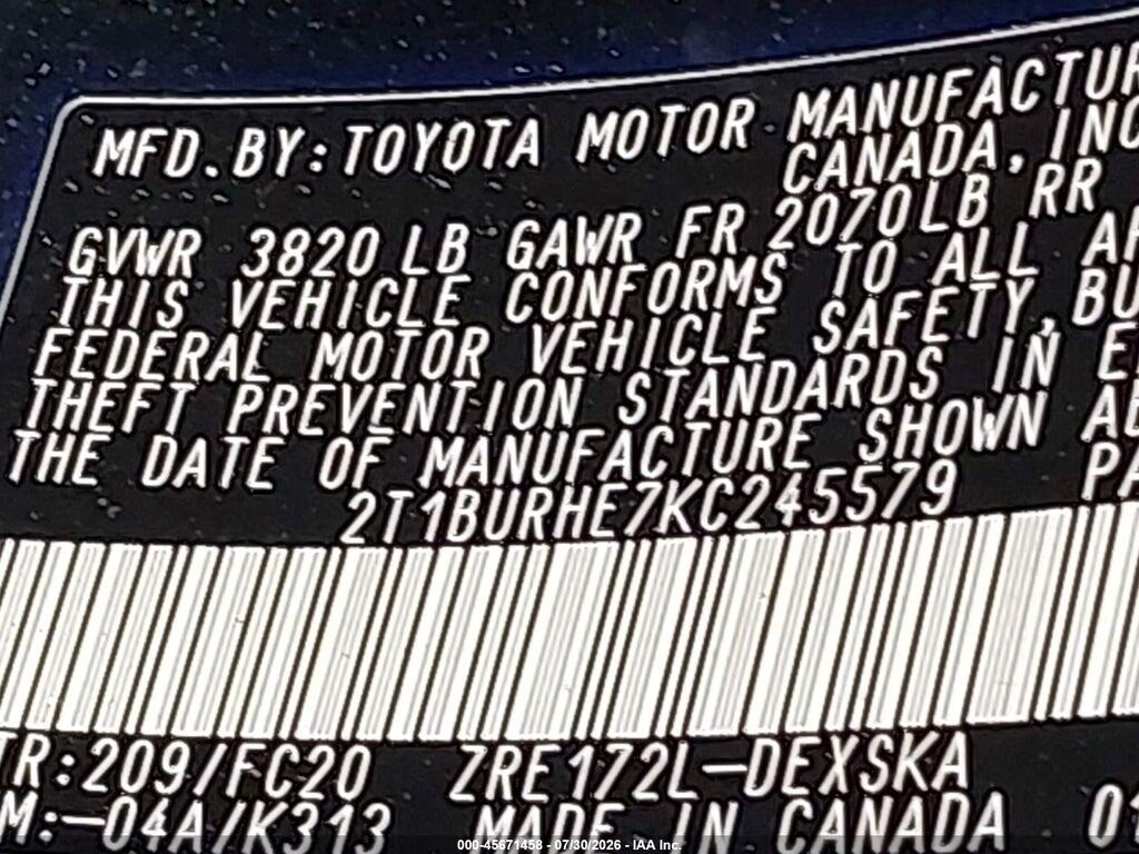 2T1BURHE7KC245579 2019 TOYOTA COROLLA photo no. 9