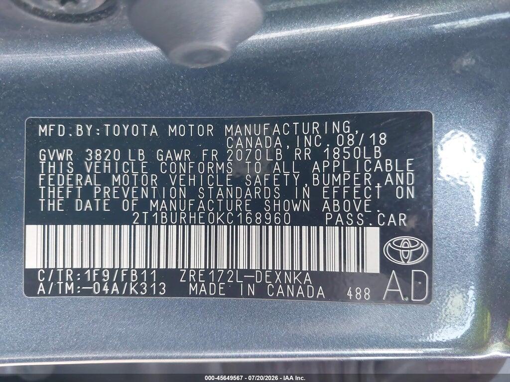 2T1BURHE0KC168960 2019 TOYOTA COROLLA photo no. 9
