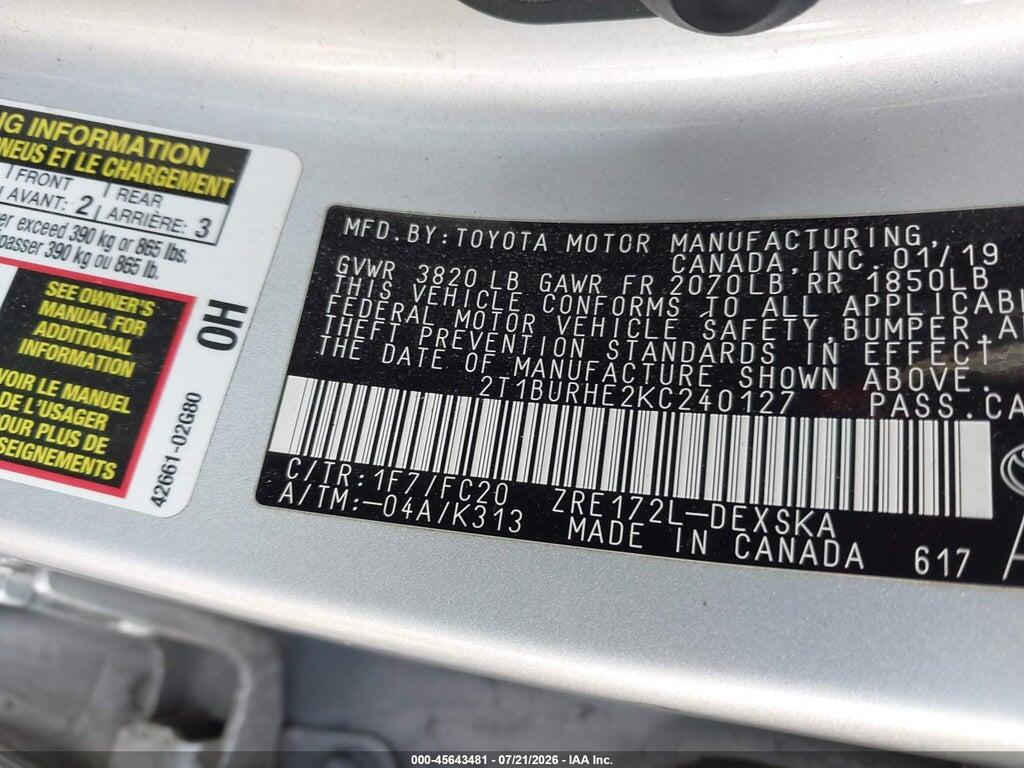 2T1BURHE2KC240127 2019 TOYOTA COROLLA photo no. 9