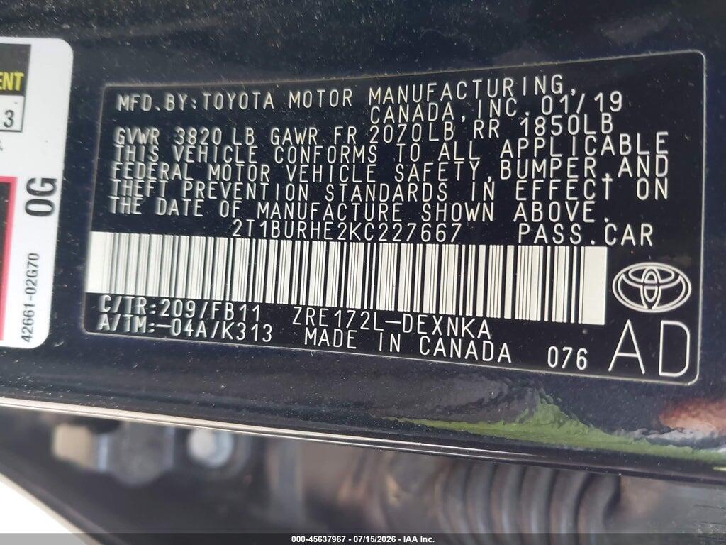 2T1BURHE2KC227667 2019 TOYOTA COROLLA photo no. 9
