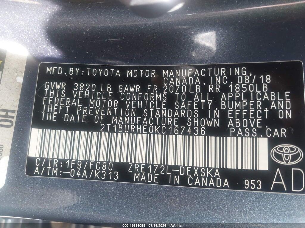 2T1BURHE0KC167436 2019 TOYOTA COROLLA photo no. 9