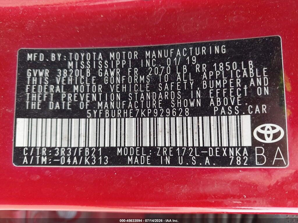 5YFBURHE7KP929628 2019 TOYOTA COROLLA photo no. 9