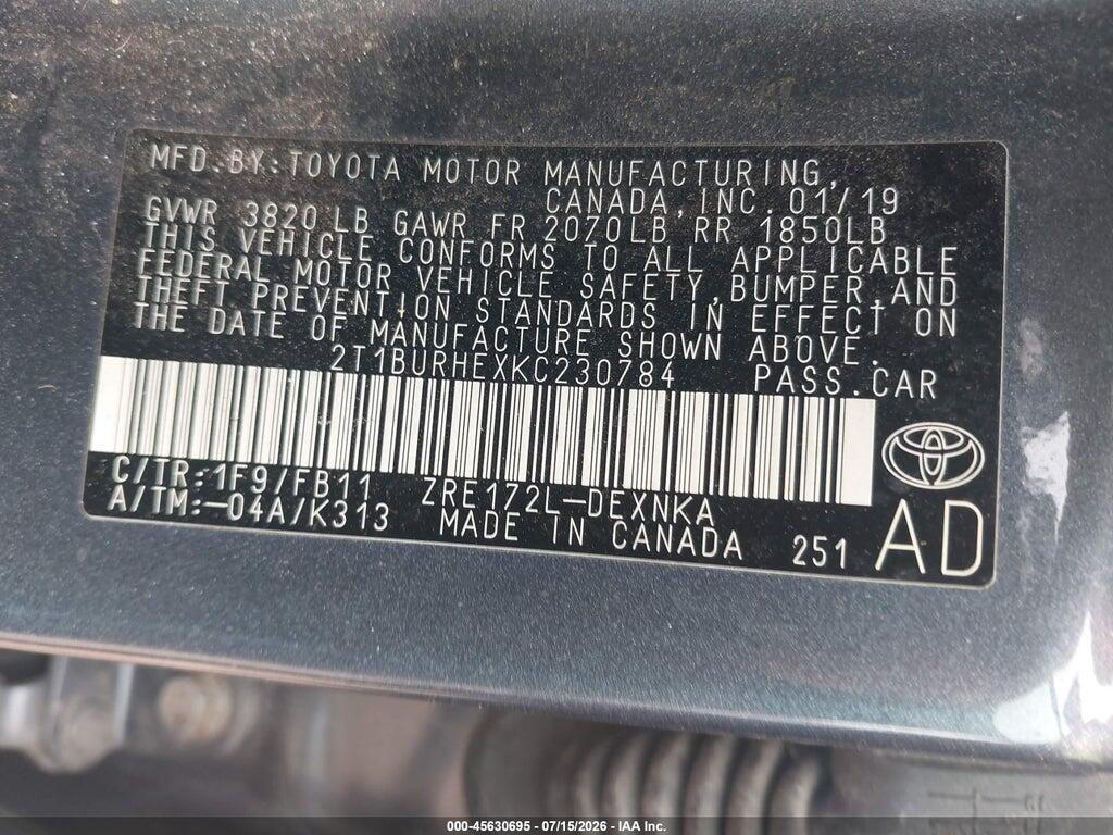 2T1BURHEXKC230784 2019 TOYOTA COROLLA photo no. 9