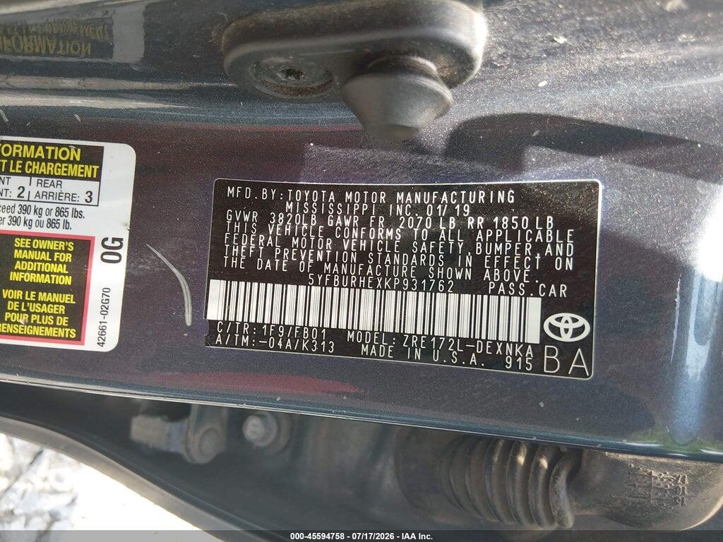 5YFBURHEXKP931762 2019 TOYOTA COROLLA photo no. 9