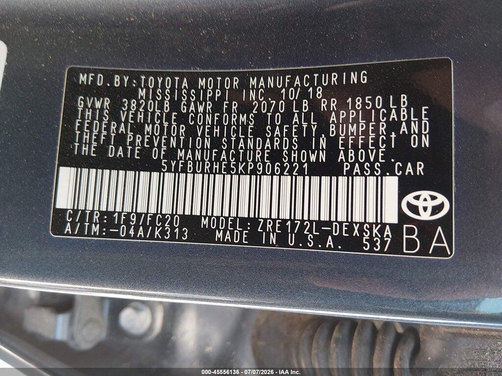 5YFBURHE5KP906221 2019 TOYOTA COROLLA photo no. 9