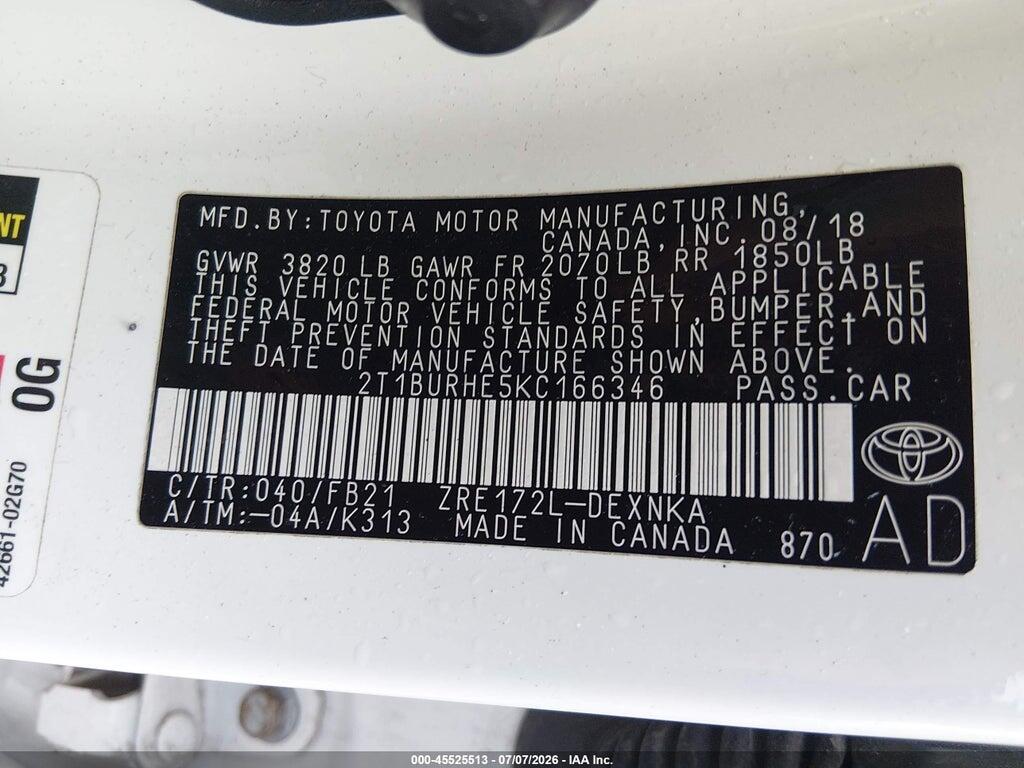 2T1BURHE5KC166346 2019 TOYOTA COROLLA photo no. 9