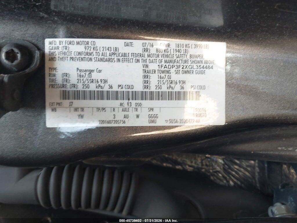 1FADP3F2XGL354484 2016 FORD FOCUS photo no. 9