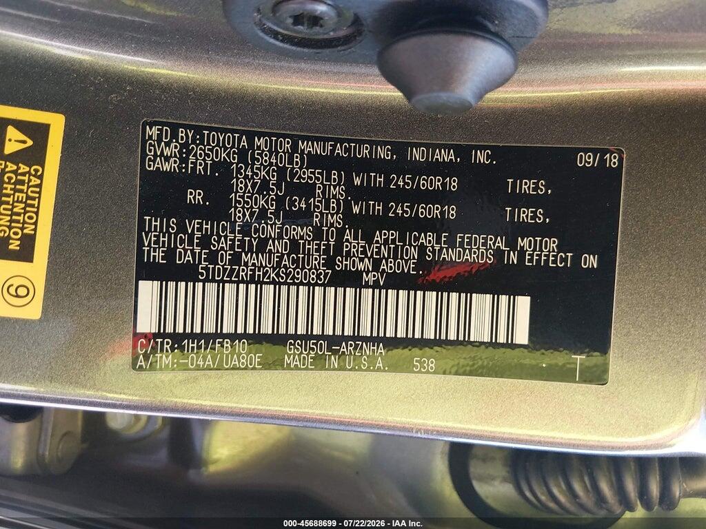 5TDZZRFH2KS290837 2019 TOYOTA HIGHLANDER photo no. 9