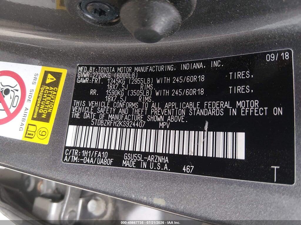 5TDBZRFH2KS924407 2019 TOYOTA HIGHLANDER photo no. 9
