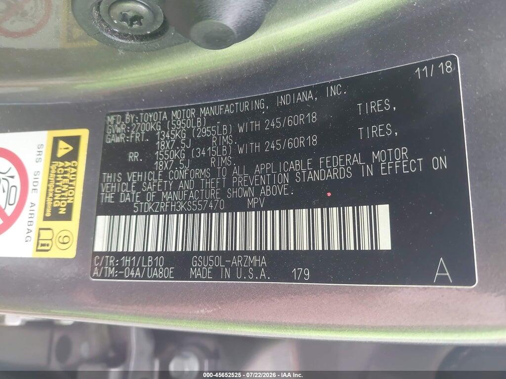 5TDKZRFH3KS557470 2019 TOYOTA HIGHLANDER photo no. 9