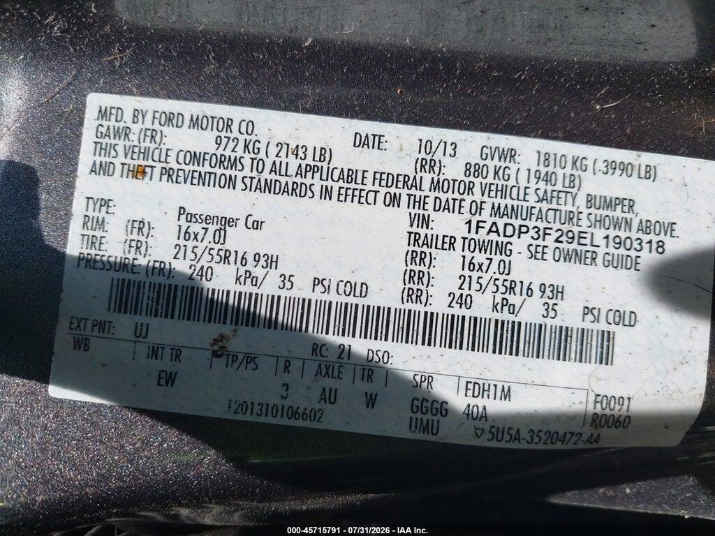 1FADP3F29EL190318 2014 FORD FOCUS photo no. 9
