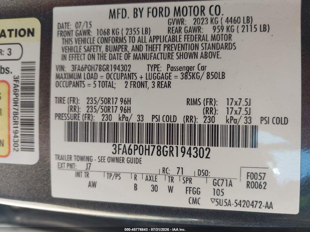 3FA6P0H78GR194302 2016 FORD FUSION photo no. 9