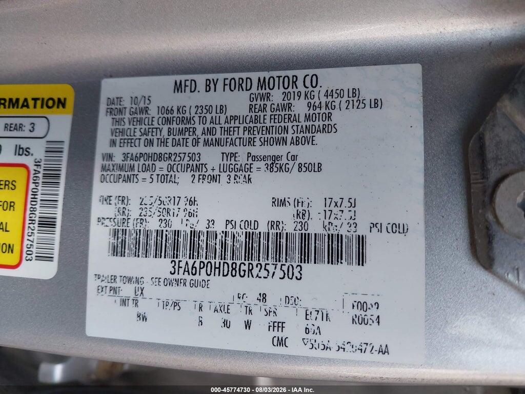 3FA6P0HD8GR257503 2016 FORD FUSION photo no. 9