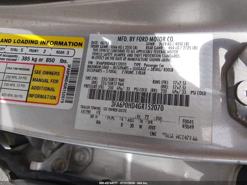 3FA6P0HD4GR152070 2016 FORD FUSION photo no. 9