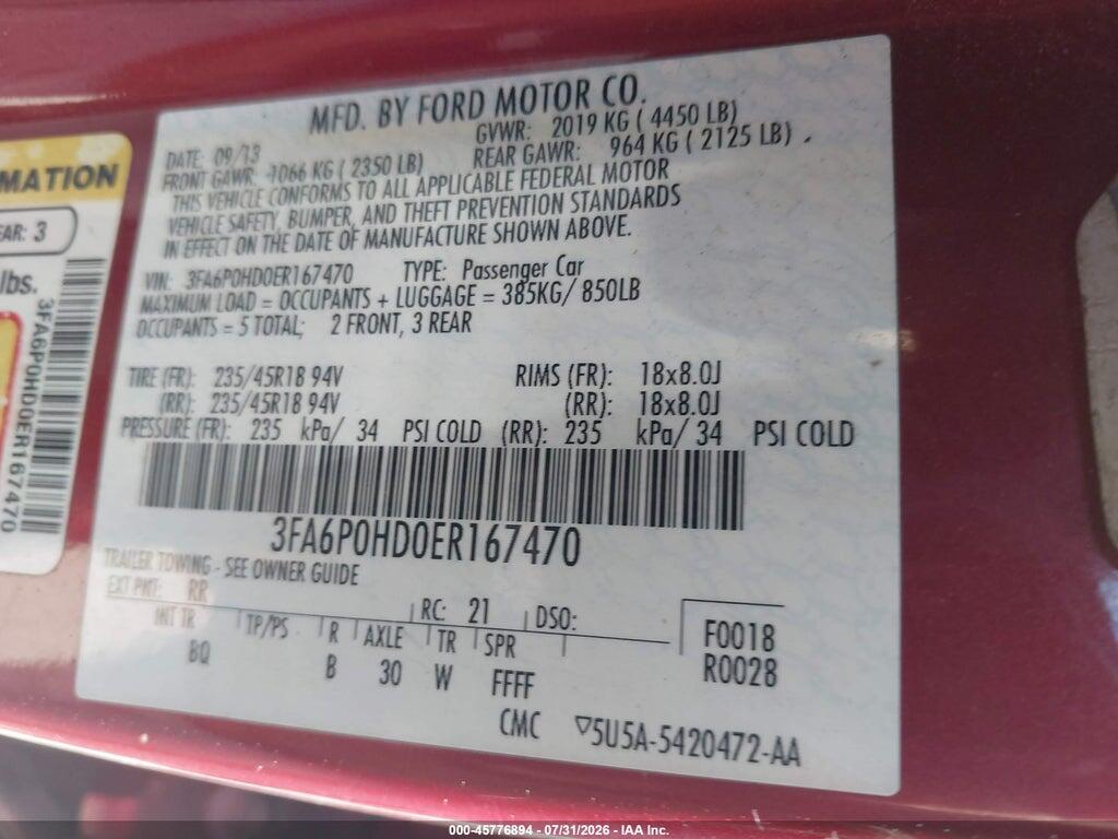 3FA6P0HD0ER167470 2014 FORD FUSION photo no. 9