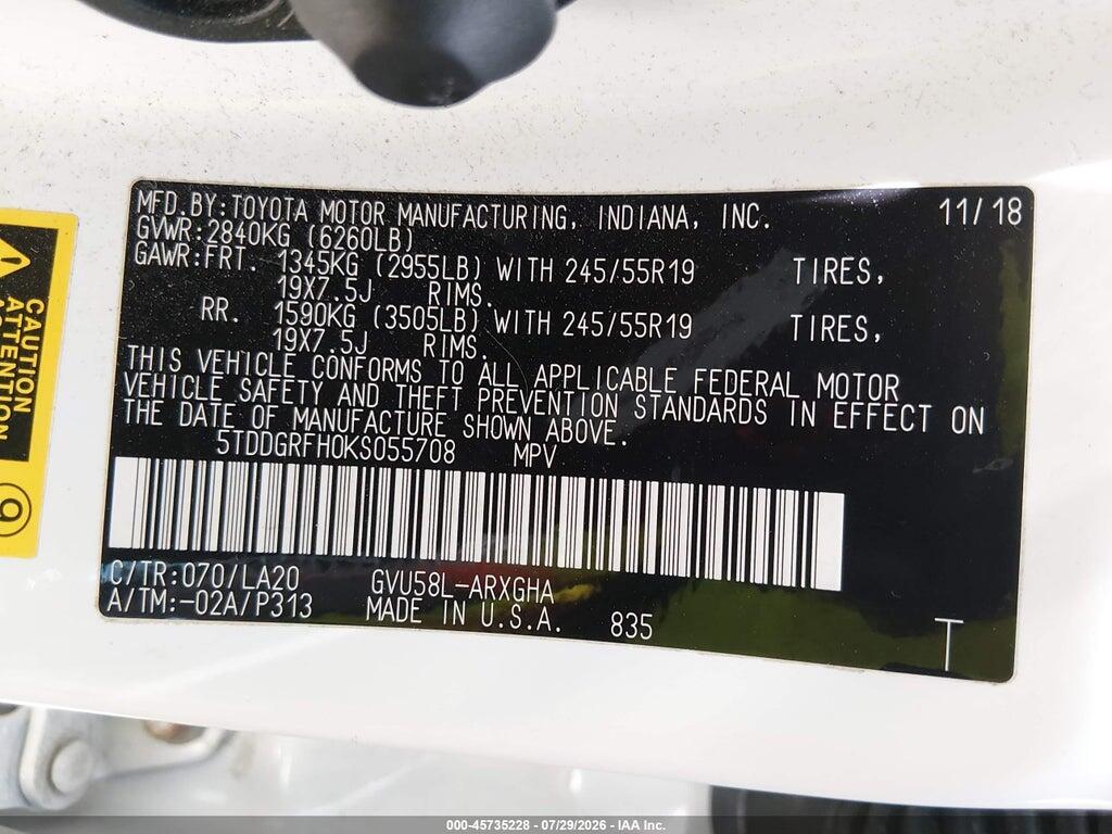 5TDDGRFH0KS055708 2019 TOYOTA HIGHLANDER HYBRID photo no. 9