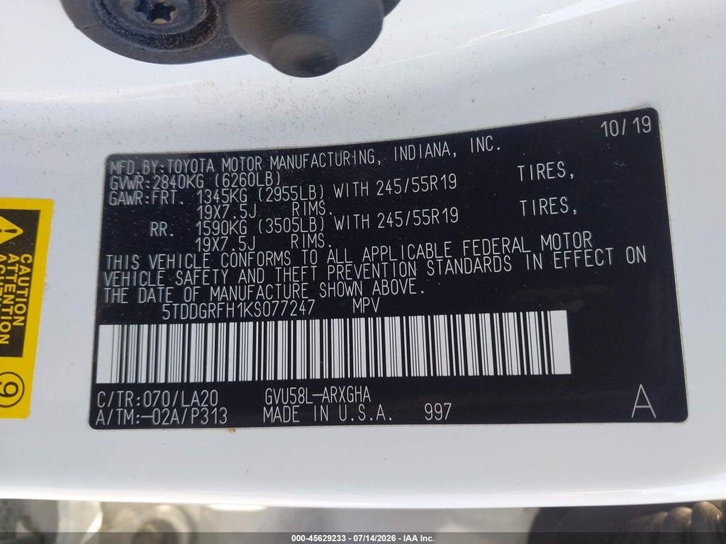5TDDGRFH1KS077247 2019 TOYOTA HIGHLANDER HYBRID photo no. 9