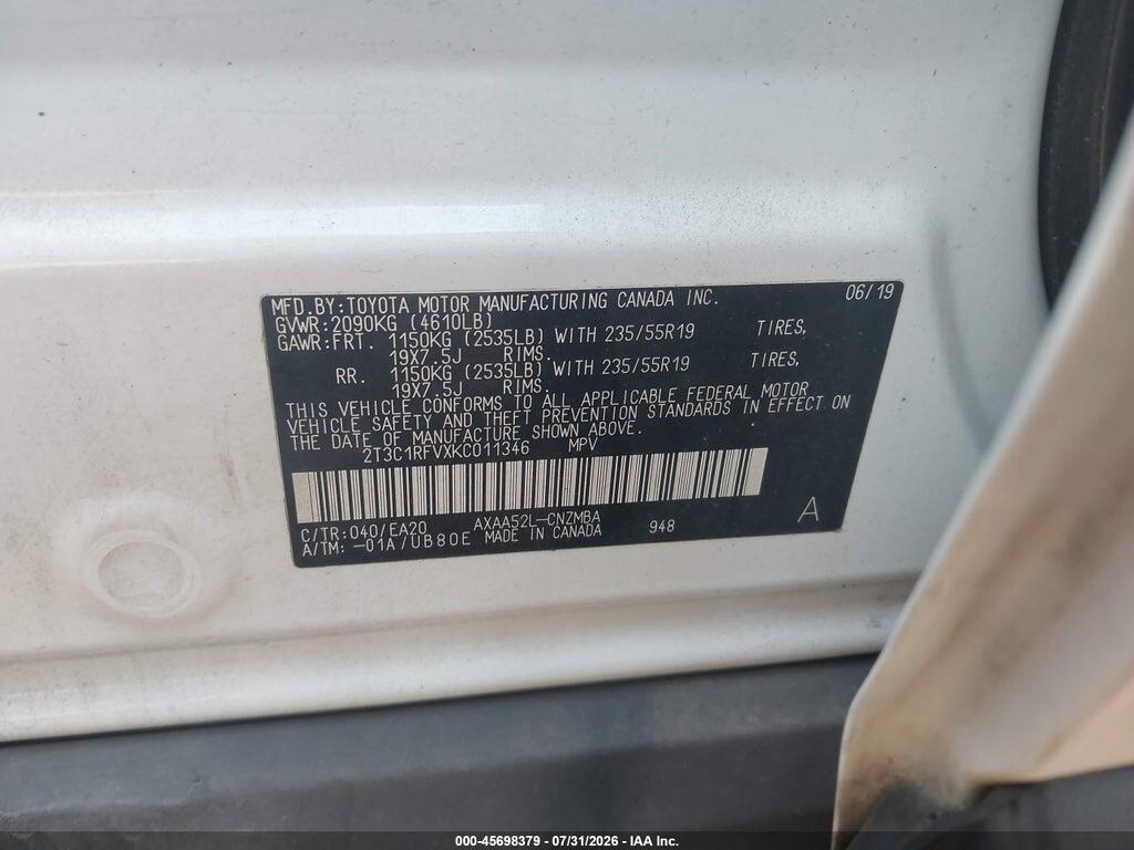 2T3C1RFVXKC011346 2019 TOYOTA RAV4 photo no. 9