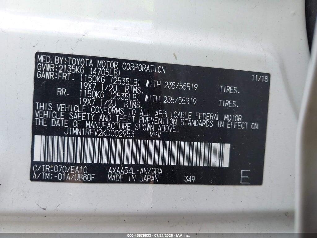 JTMN1RFV2KD002953 2019 TOYOTA RAV4 photo no. 9
