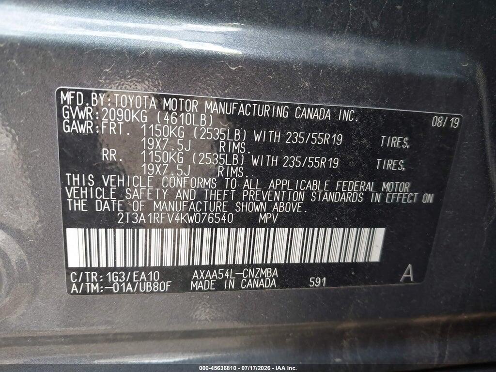 2T3A1RFV4KW076540 2019 TOYOTA RAV4 photo no. 9