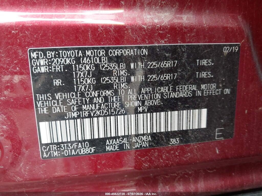 JTMP1RFV2KD515726 2019 TOYOTA RAV4 photo no. 9