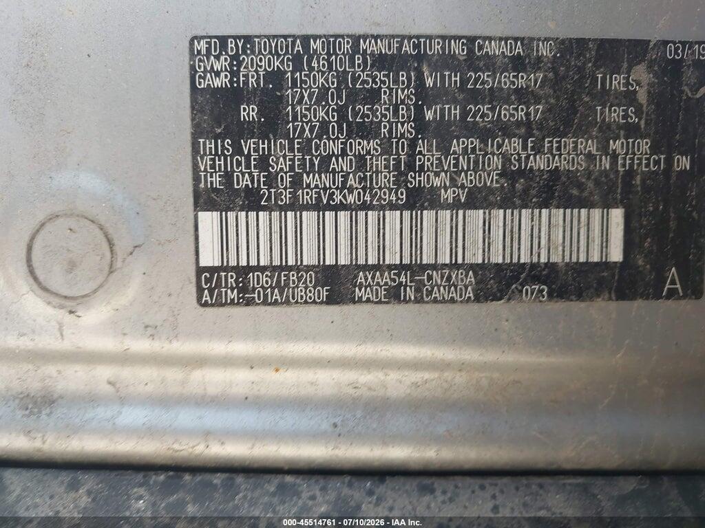 2T3F1RFV3KW042949 2019 TOYOTA RAV4 photo no. 9