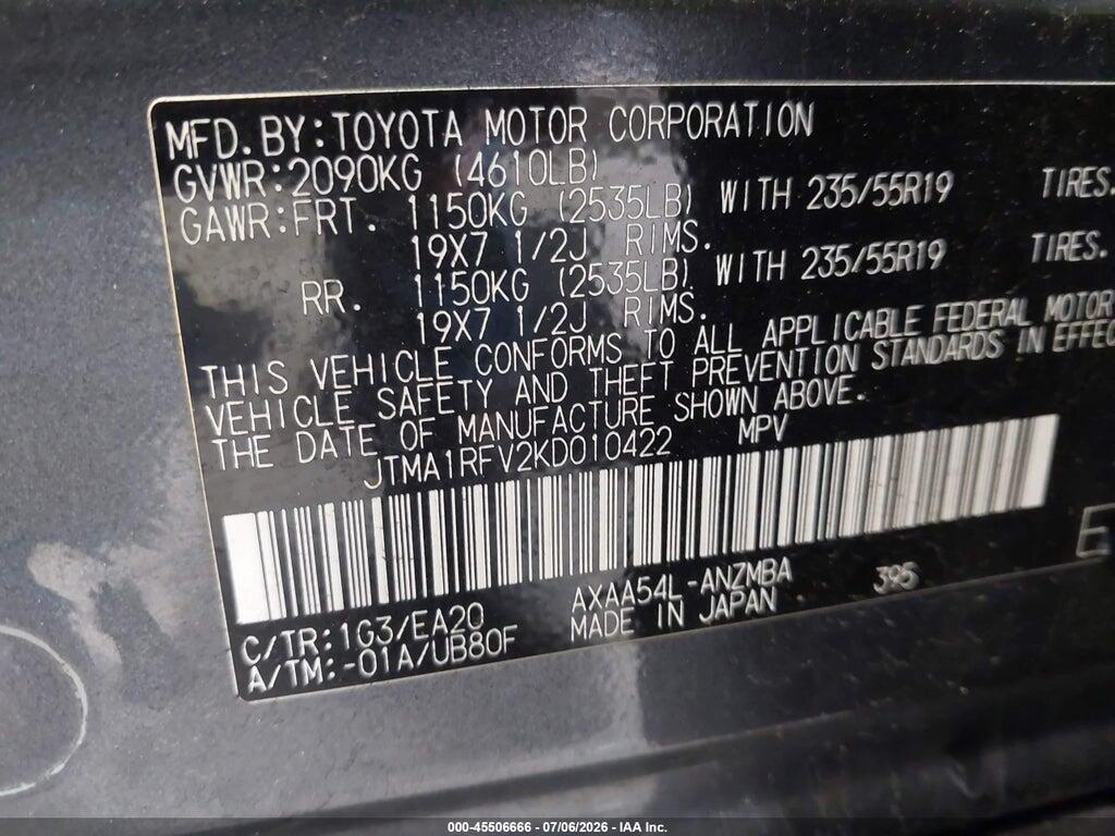 JTMA1RFV2KD010422 2019 TOYOTA RAV4 photo no. 9