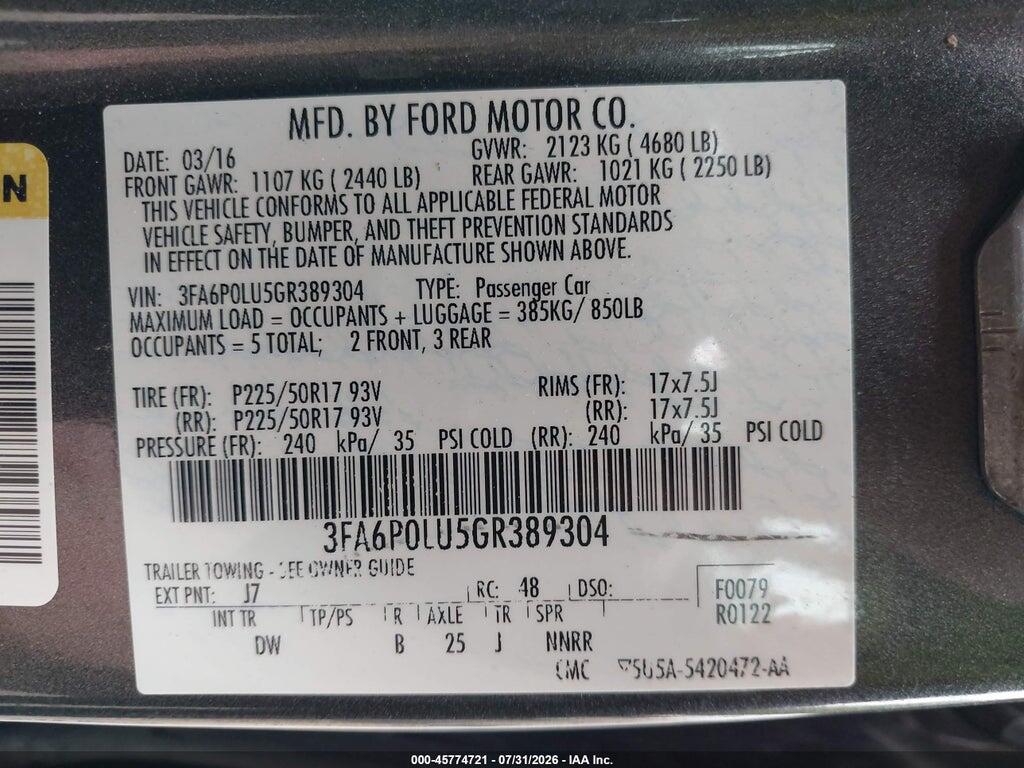 3FA6P0LU5GR389304 2016 FORD FUSION HYBRID photo no. 9
