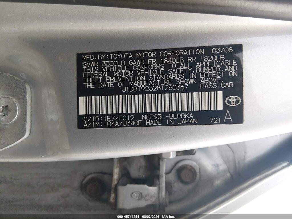 JTDBT923281260367 2008 TOYOTA YARIS photo no. 9