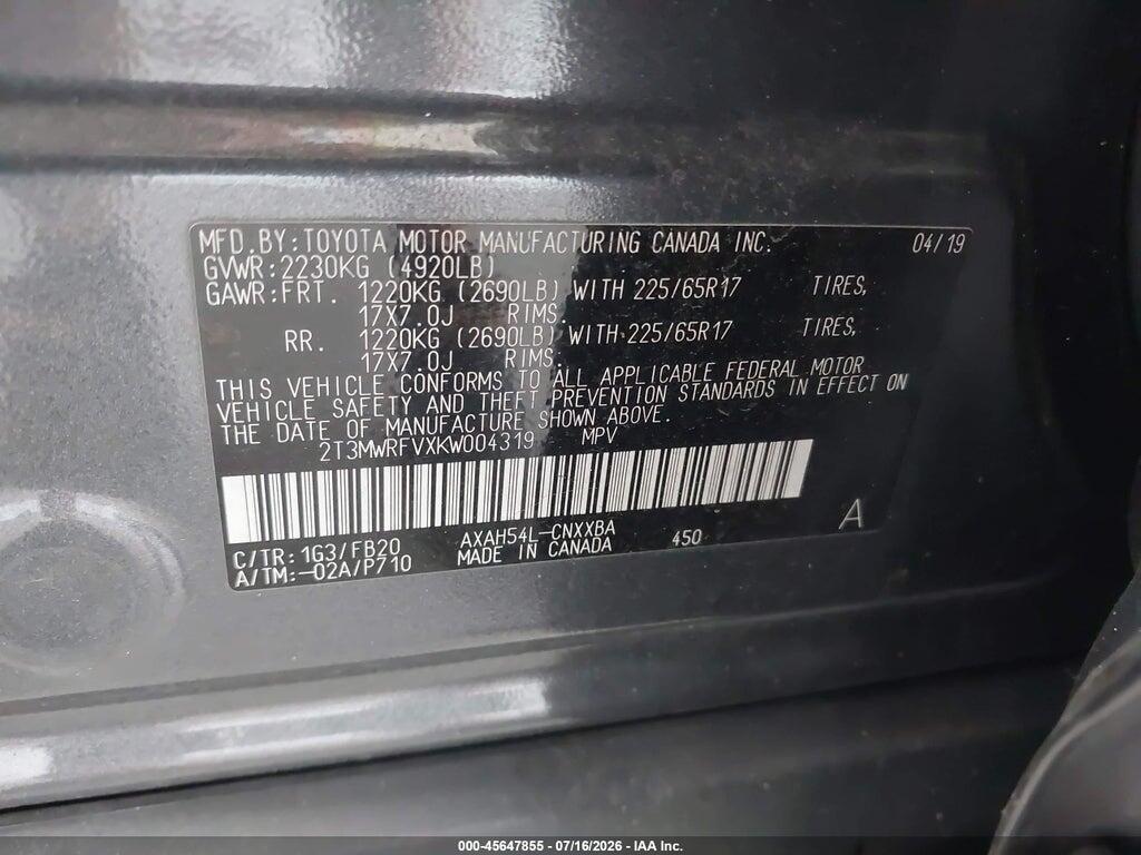2T3MWRFVXKW004319 2019 TOYOTA RAV4 HYBRID photo no. 9