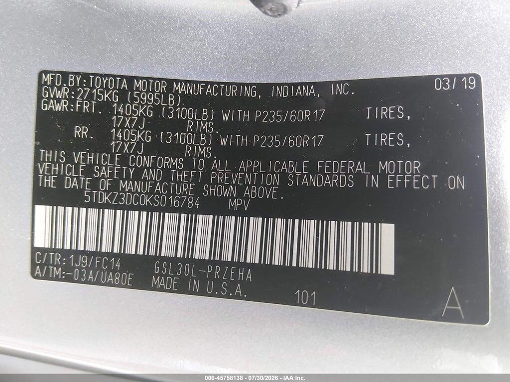 5TDKZ3DC0KS016784 2019 TOYOTA SIENNA photo no. 9