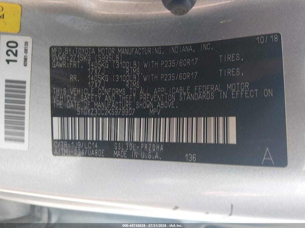 5TDYZ3DC2KS979907 2019 TOYOTA SIENNA photo no. 9