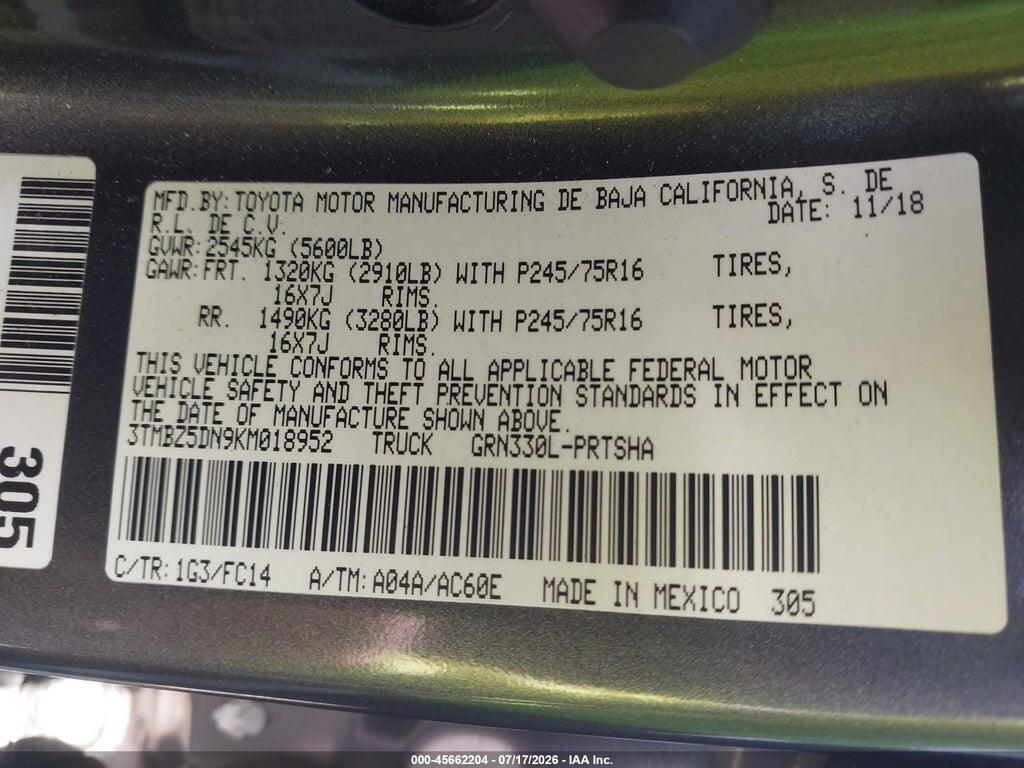 3TMBZ5DN9KM018952 2019 TOYOTA TACOMA photo no. 9