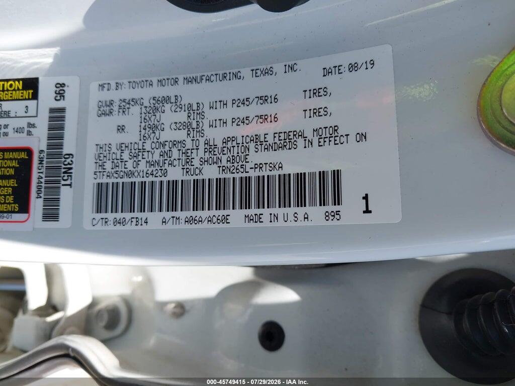 5TFAX5GN0KX164230 2019 TOYOTA TACOMA photo no. 9
