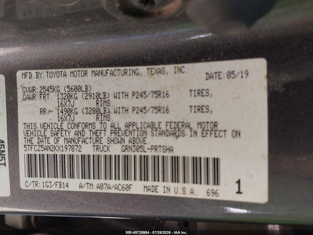 5TFCZ5AN2KX197872 2019 TOYOTA TACOMA photo no. 9