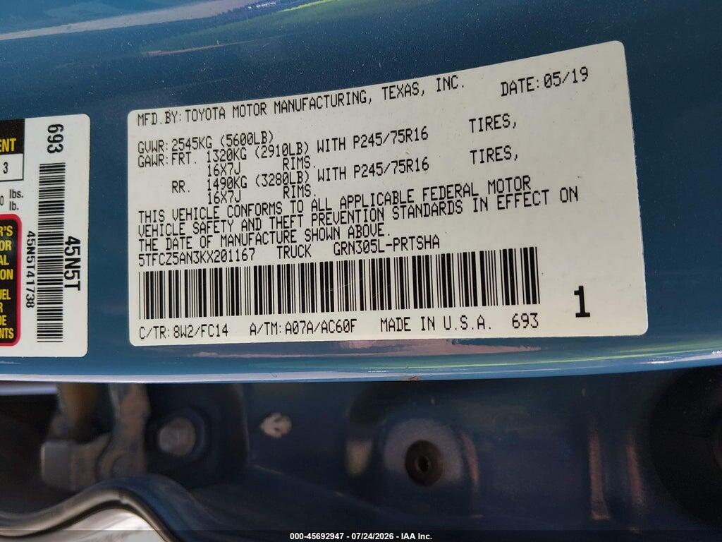 5TFCZ5AN3KX201167 2019 TOYOTA TACOMA photo no. 9