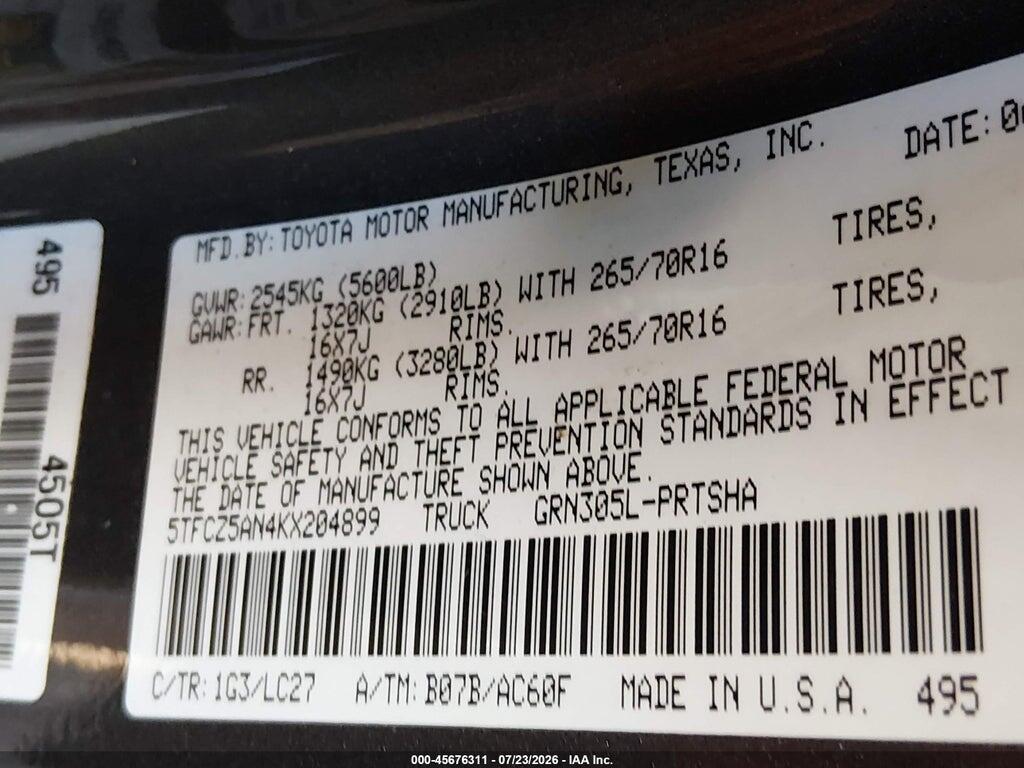 5TFCZ5AN4KX204899 2019 TOYOTA TACOMA photo no. 9