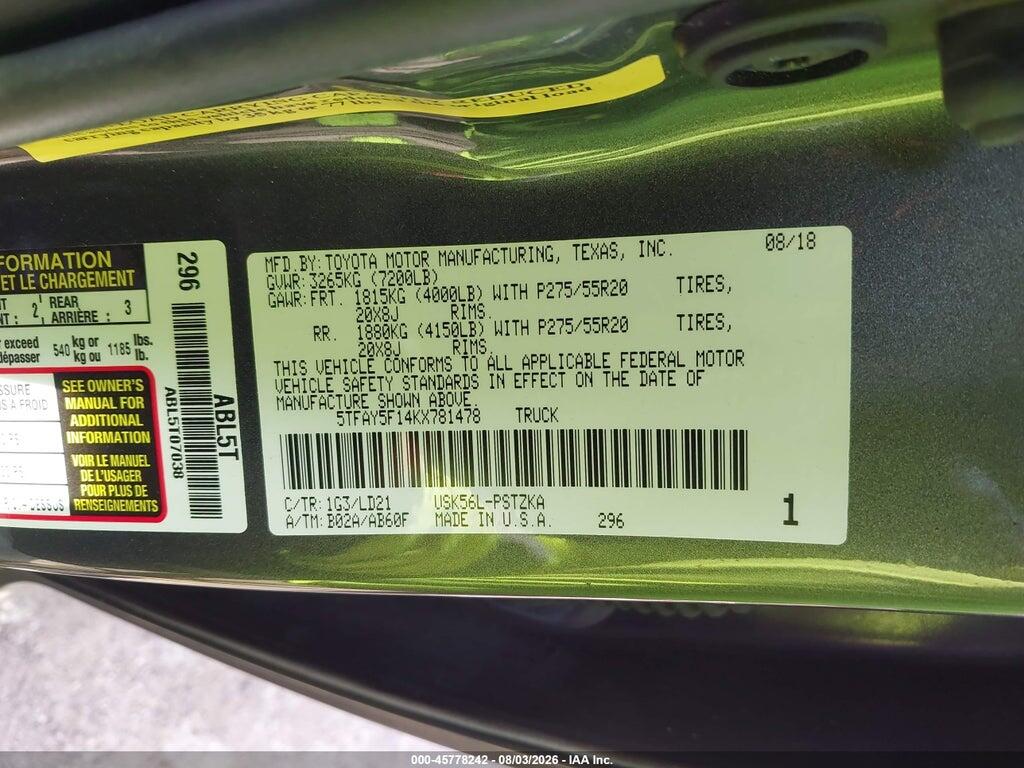 5TFAY5F14KX781478 2019 TOYOTA TUNDRA photo no. 9