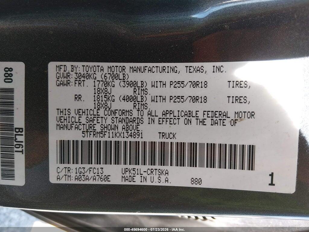 5TFRM5F11KX134891 2019 TOYOTA TUNDRA photo no. 9