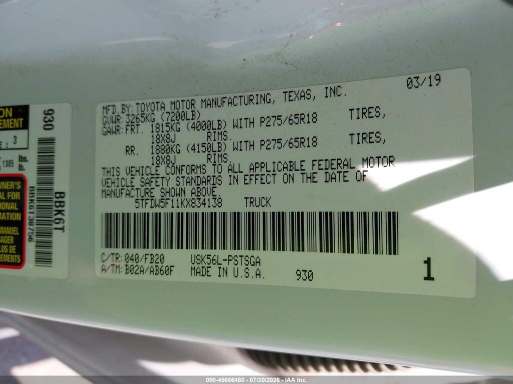 5TFDW5F11KX834138 2019 TOYOTA TUNDRA photo no. 9