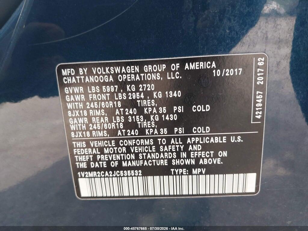 1V2MR2CA2JC535532 2018 VOLKSWAGEN ATLAS photo no. 9
