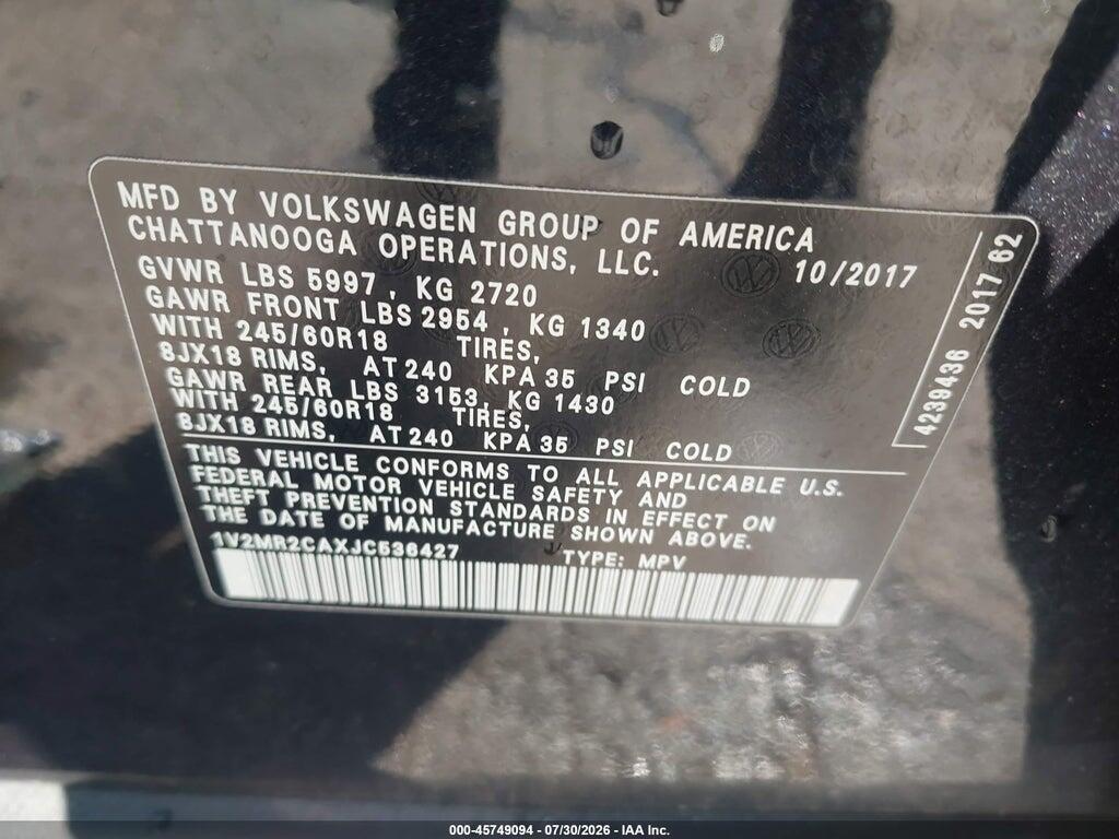 1V2MR2CAXJC536427 2018 VOLKSWAGEN ATLAS photo no. 9