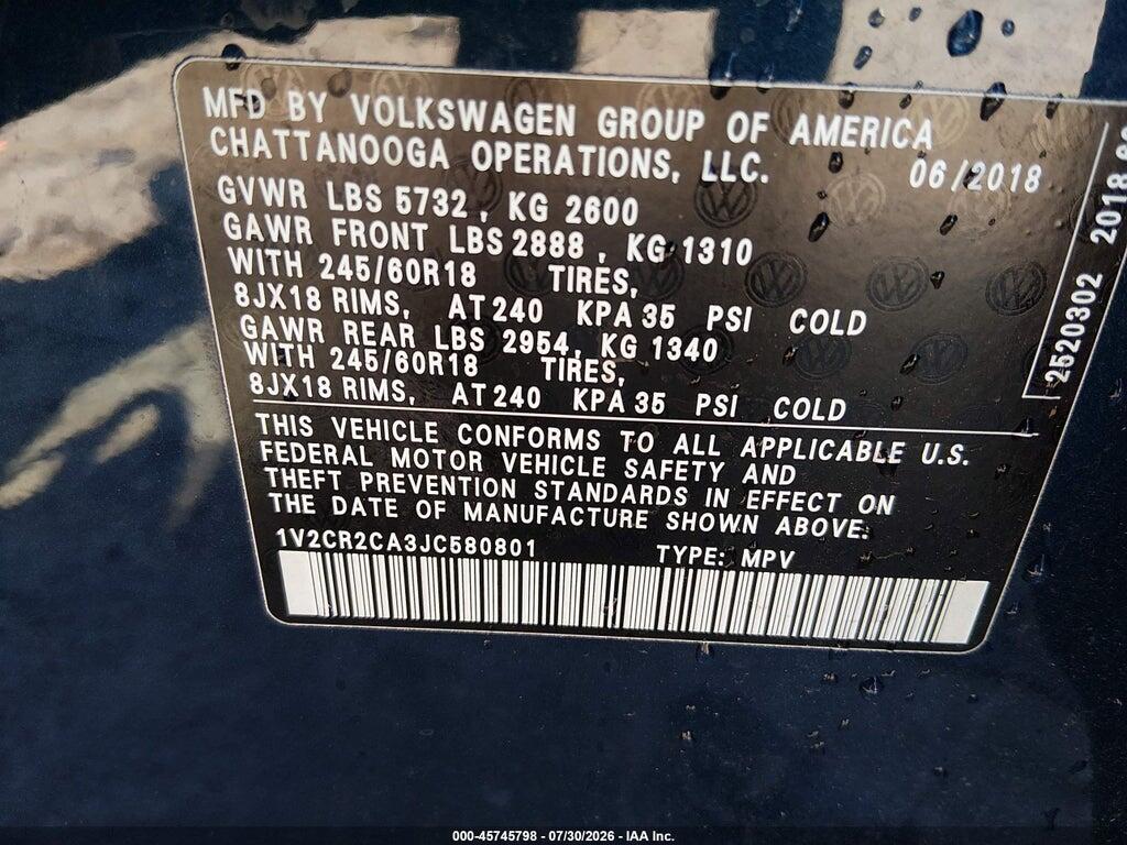 1V2CR2CA3JC580801 2018 VOLKSWAGEN ATLAS photo no. 9