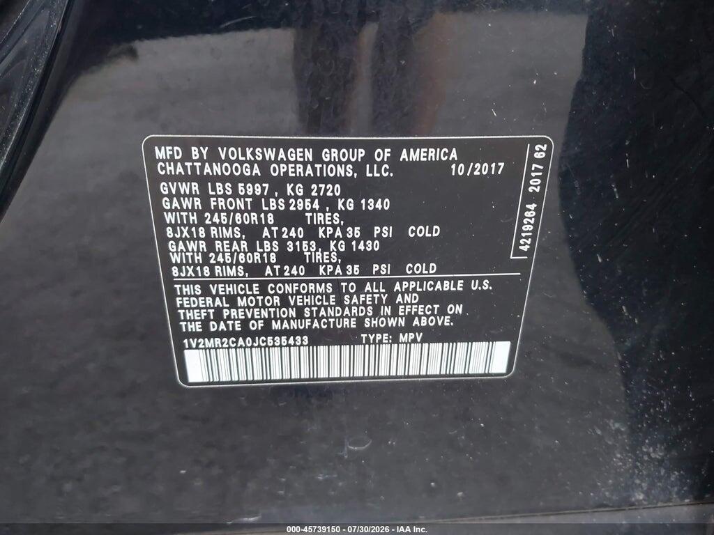1V2MR2CA0JC535433 2018 VOLKSWAGEN ATLAS photo no. 9