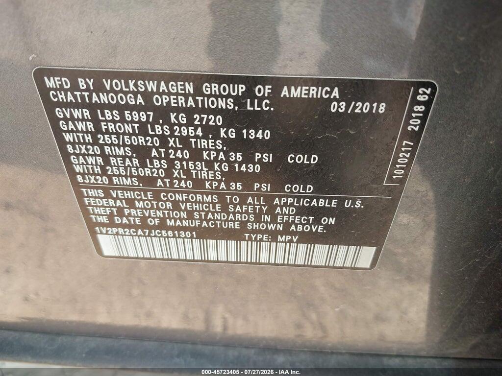 1V2PR2CA7JC561301 2018 VOLKSWAGEN ATLAS photo no. 9